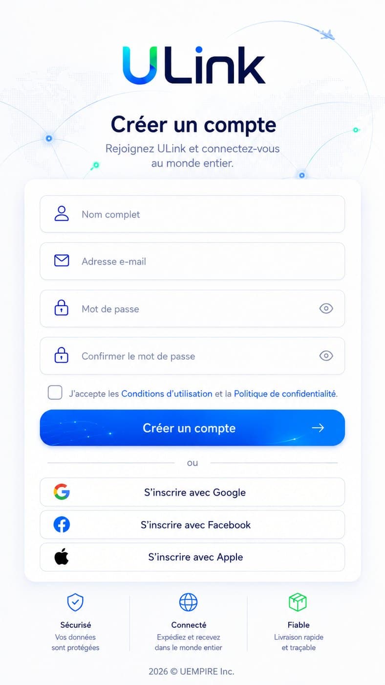 Écran de création de compte de l’application ULink