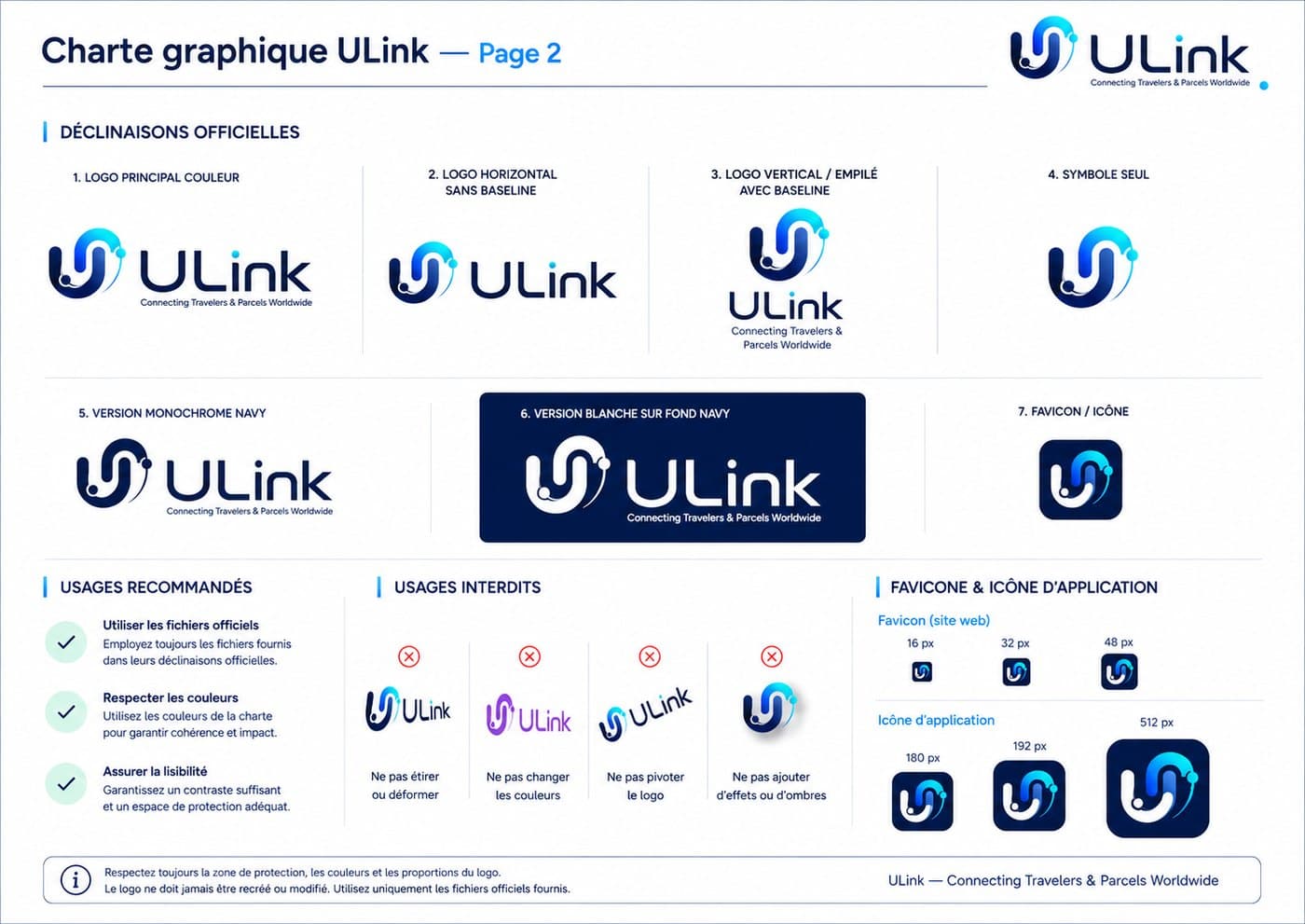Page de la charte graphique ULink : déclinaisons officielles du logo et usages