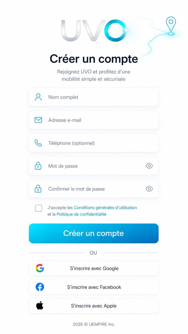 Écran de création de compte de l’application UVO