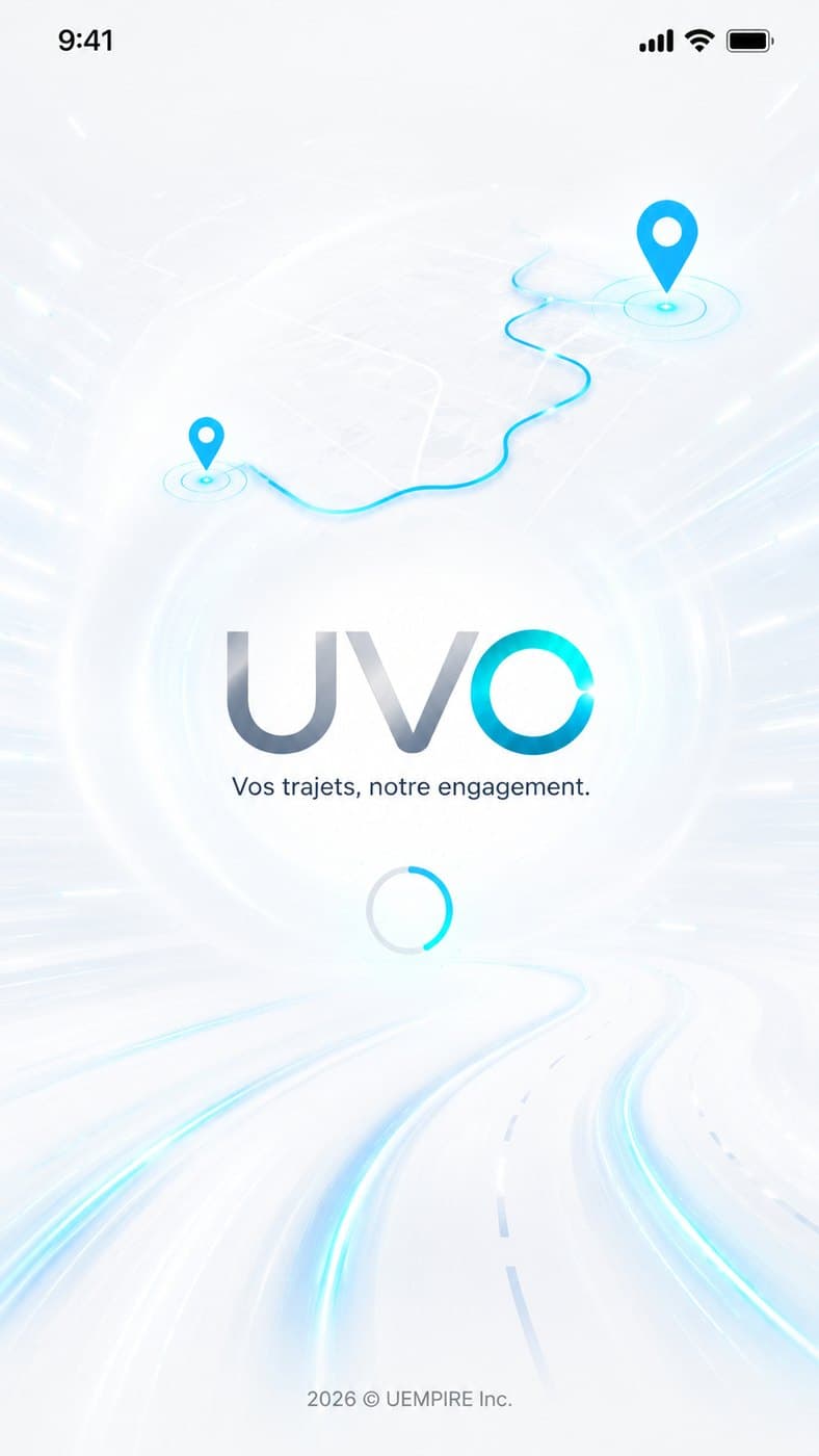 Écran de lancement de l’application UVO : Vos trajets, notre engagement