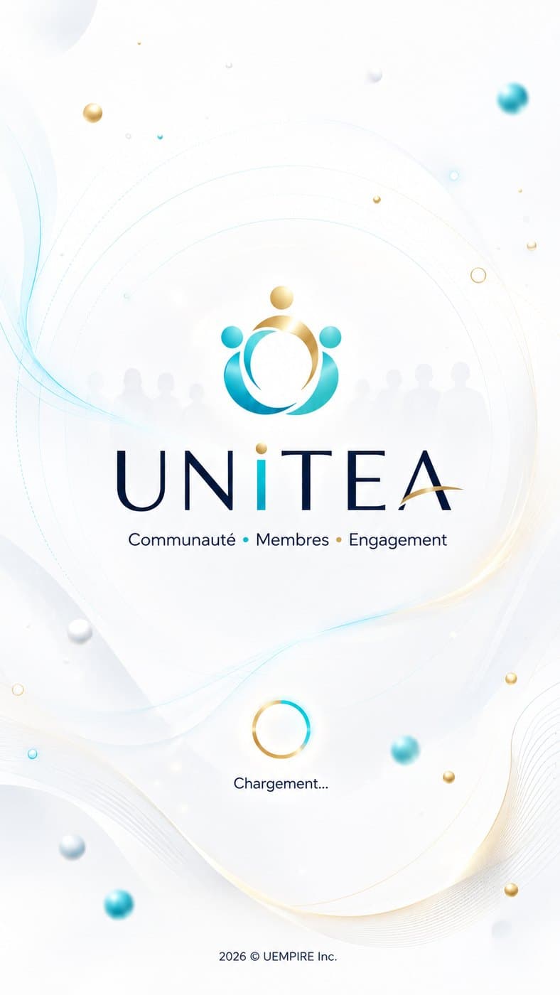 Écran de lancement de l’application Unitea : communauté, membres, engagement